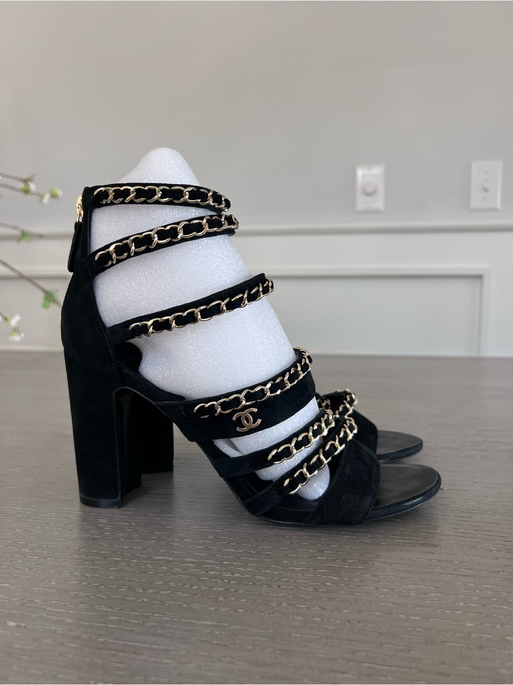 CHANEL Black Suede Gold-Chain Strappy Block Heel Sandal